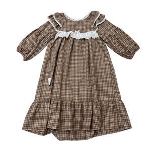 ULLALA Brown Plaid Cottage Ruffle Nightgown Free Size